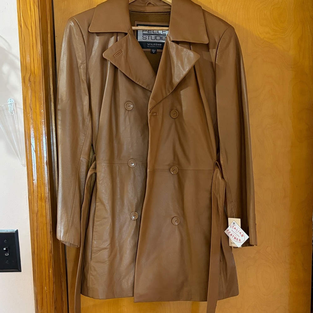 Studio Tan Leather Trench Coat